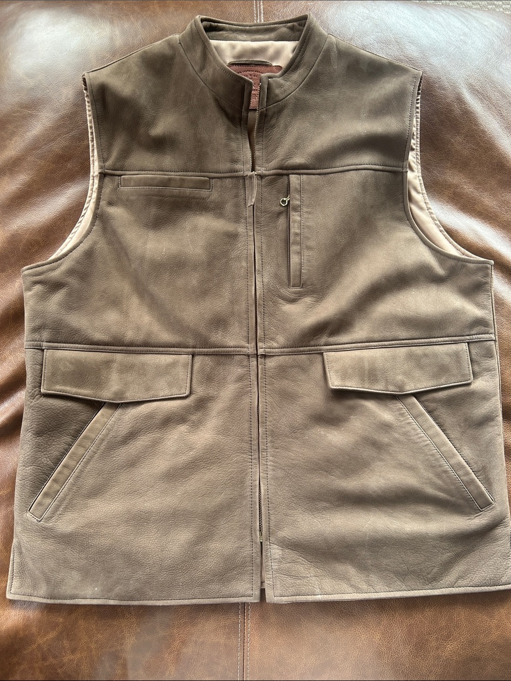 Men's Brown Leather Utility Vest with Stand Collar